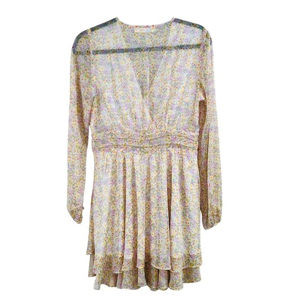 Elodie White Multi Floral Sheer Ruched Front Tie Surplice Mini Dress Large NWOT - Picture 3 of 16